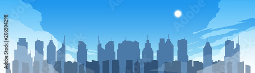 Cityscape in daytime. 
illustration of flat colored silhouettes of buildings in daytime

