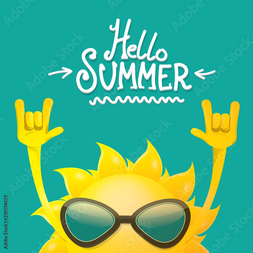 hello summer funky rock n roll vector label isolated on azure. summer party background with funky sun character design template. vector summer party poster