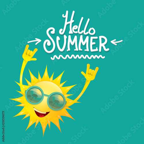 hello summer funky rock n roll vector label isolated on azure. summer party background with funky sun character design template. vector summer party poster