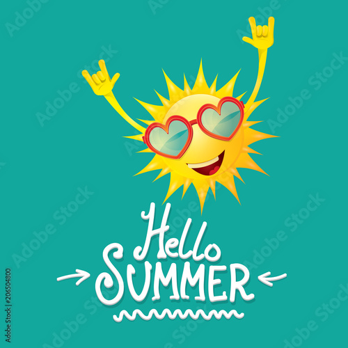 hello summer funky rock n roll vector label isolated on azure. summer party background with funky sun character design template. vector summer party poster