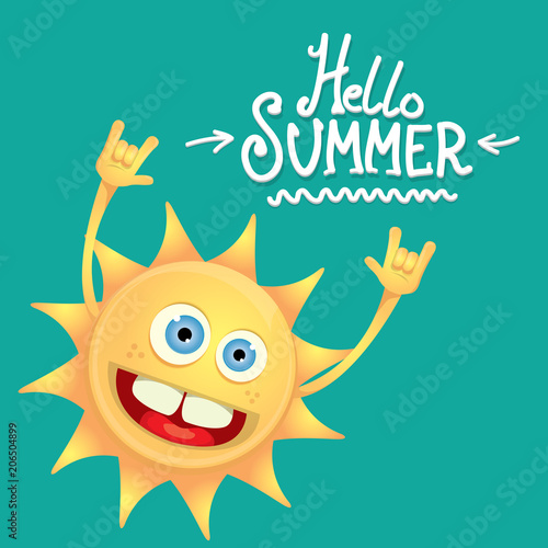 hello summer funky rock n roll vector label isolated on azure. summer party background with funky sun character design template. vector summer party poster
