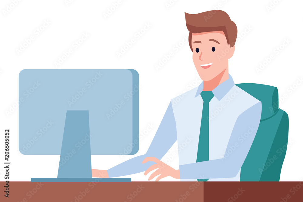 Gentleman sit on desk and working on computer Gentleman sit on desk and working on computer