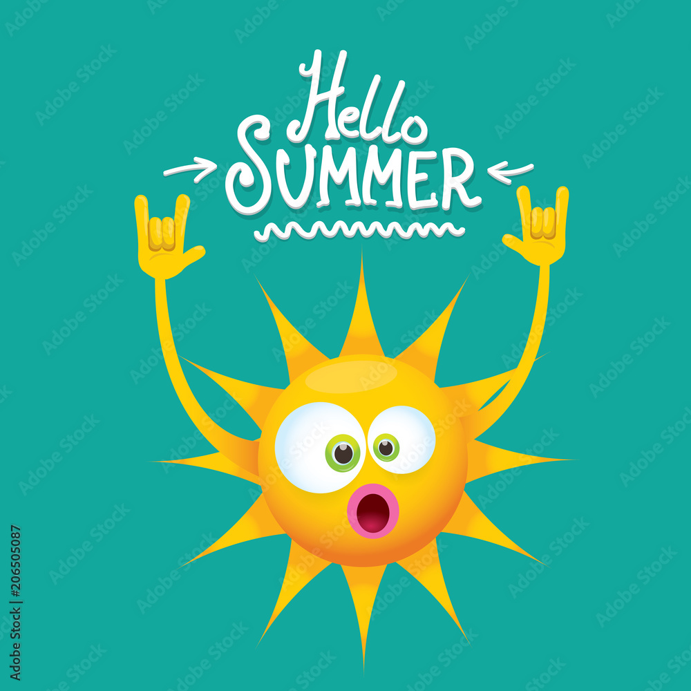 hello summer funky rock n roll vector label isolated on azure. summer party background with funky sun character design template. vector summer party poster hello summer funky rock n roll vector label isolated on azure. summer party background with funky sun character design template. vector summer party poster