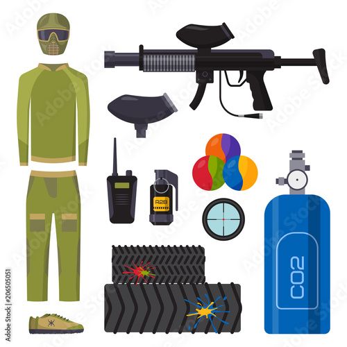 Paintball club icons protection uniform and sport game design elements equipment target vector illustration