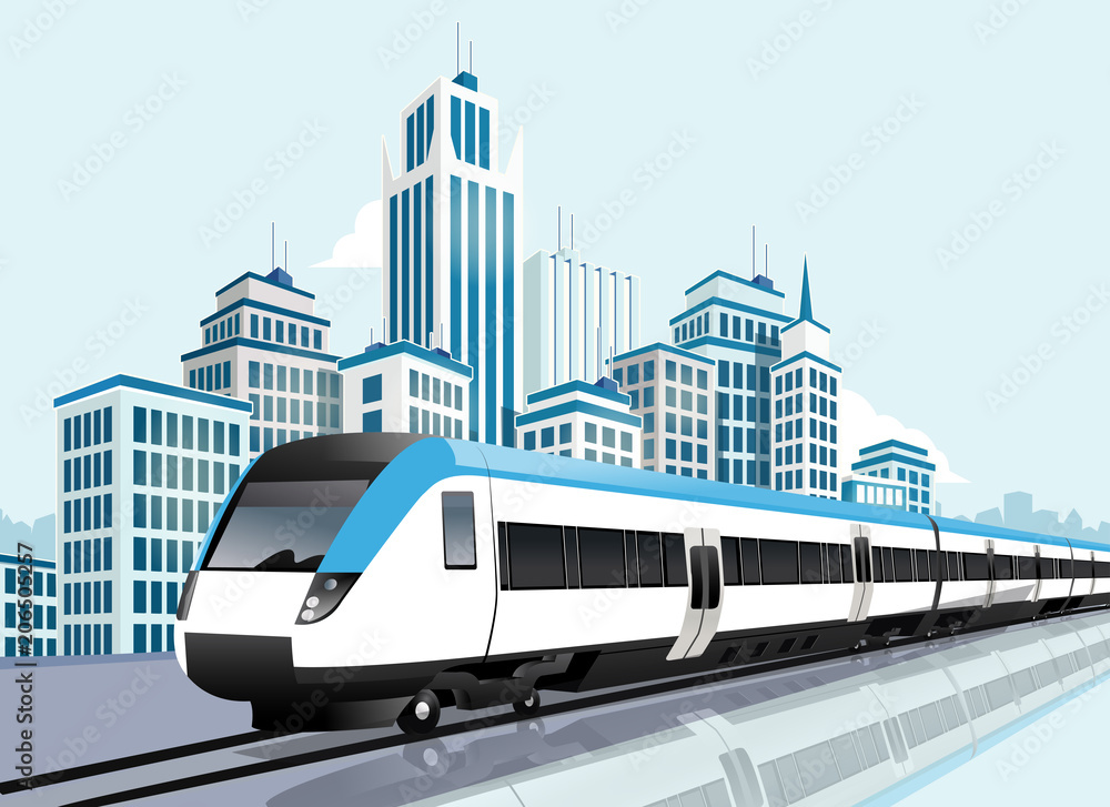 Naklejka premium Speedy metro passing in front of modern city