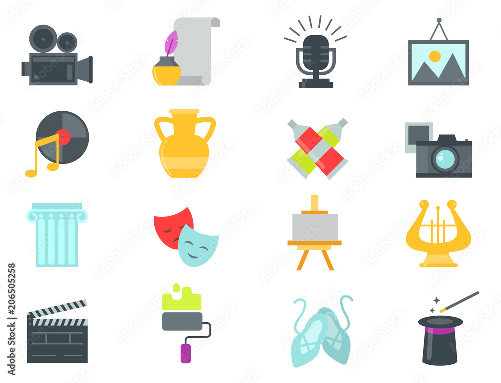Naklejka premium Set of art icons in flat design atist ink graphic color creativity movie collection vector illustration.