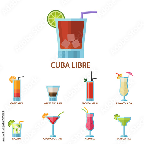 Set of alcoholic cocktails fruit cold drinks tropical cosmopolitan freshness collection and party alcohol sweet tequila vector illustration.