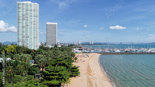 Beach and blue sea with buildings. Resort and Blue sky. Nature and Summer concept. Aerial view by drone © Shutter2U