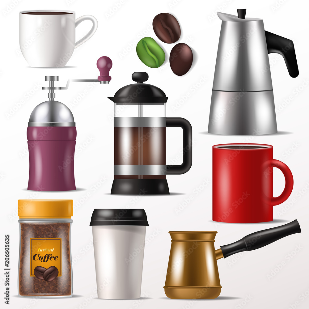 Coffee cup vector mug for hot espresso and beverages with caffeine in coffeeshop illustration set of coffee-grinder for beans or french press isolated on white background Coffee cup vector mug for hot espresso and beverages with caffeine in coffeeshop illustration set of coffee-grinder for beans or french press isolated on white background