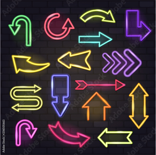 Neon arrow vector glowing arrows and illuminated arrowheads directions illustration set of cursed pointer design of different colors up down isolated on background