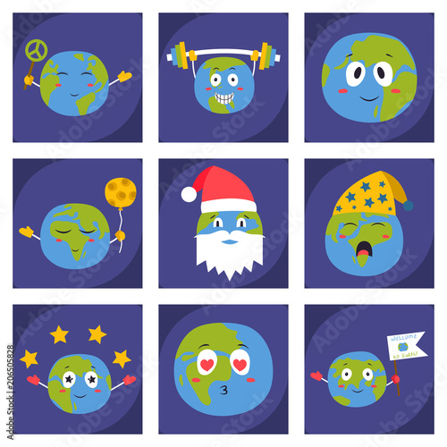 Cartoon globe emotion planet icons smile happy nature character expression vector illustration avatar