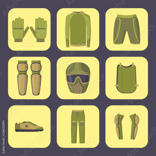 Paintball club icons protection uniform and sport game design elements equipment target vector illustration