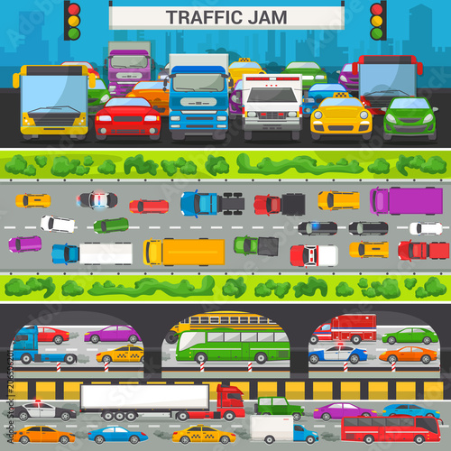 Traffic jam vector transport car vehicle and bus in the rush hour on highway road vector illustration set of transportation congestion of automobiles and minivans in jammed line