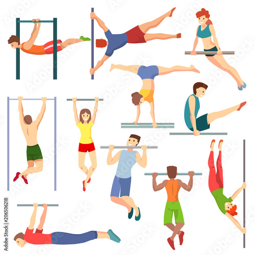 Athlete on horizontal bar vector illustration workout of athletic characters training on crossbar set of sportive people exercising with equipment isolated on white background