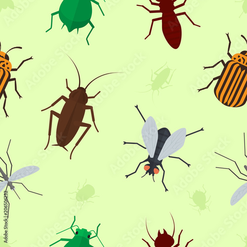 Fly insects wildlife entomology bug animal nature beetle biology buzz icon vector illustration pattern seamless background