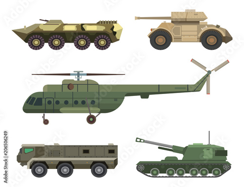 Military transport vector vehicle technic army war tanks and helicopter industry armor defense transportation weapon illustration.