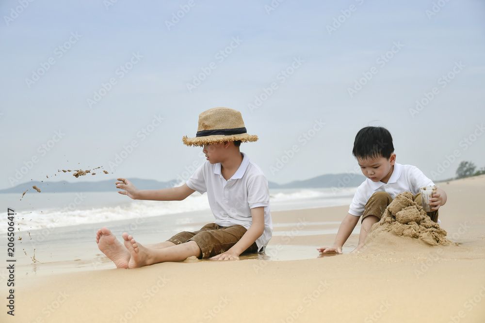 happy family with two kids on the beach, happy family with two kids on the beach,