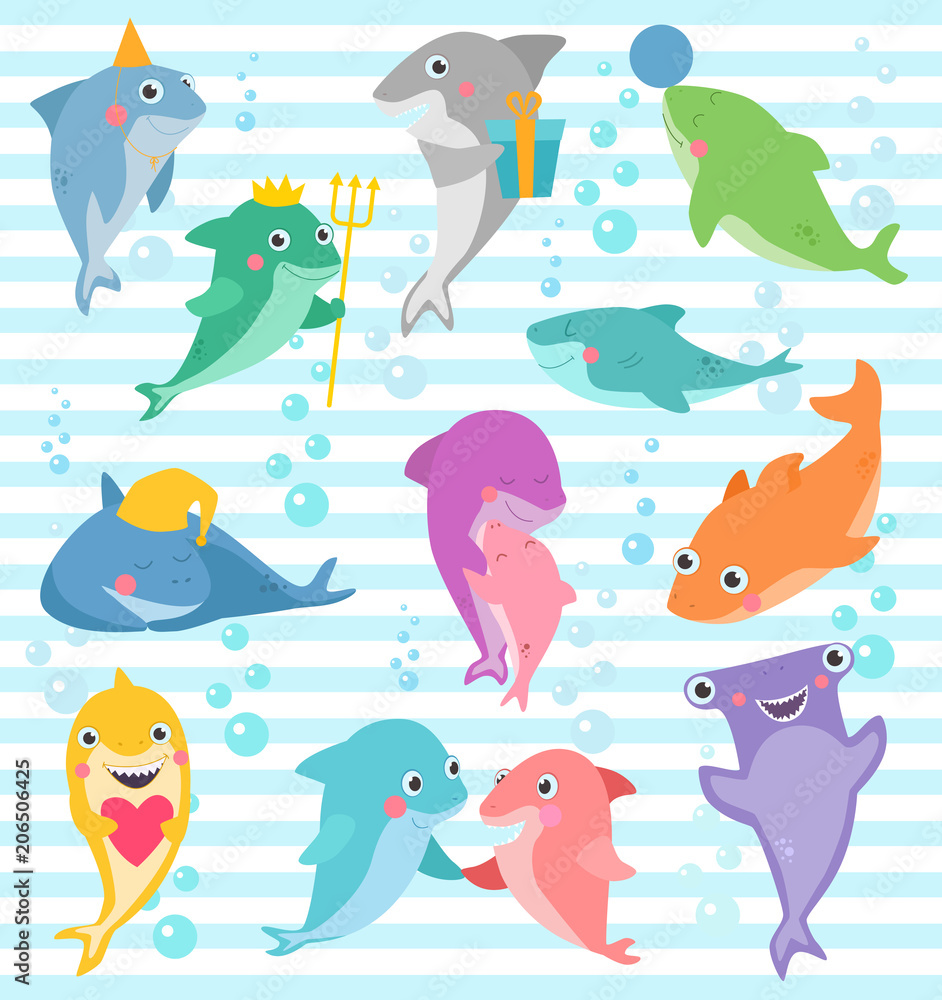 Shark vector cartoon seafish smiling with sharp teeth illustration set of  fishery character of friend with gift on happy birthday party isolated on  marine background Stock Vector | Adobe Stock