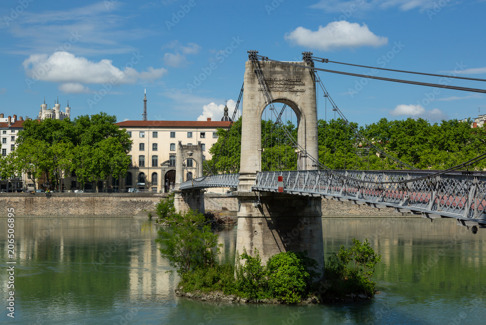 Footbridge Passerelle du College over the Rhone river in Lyon, France.
