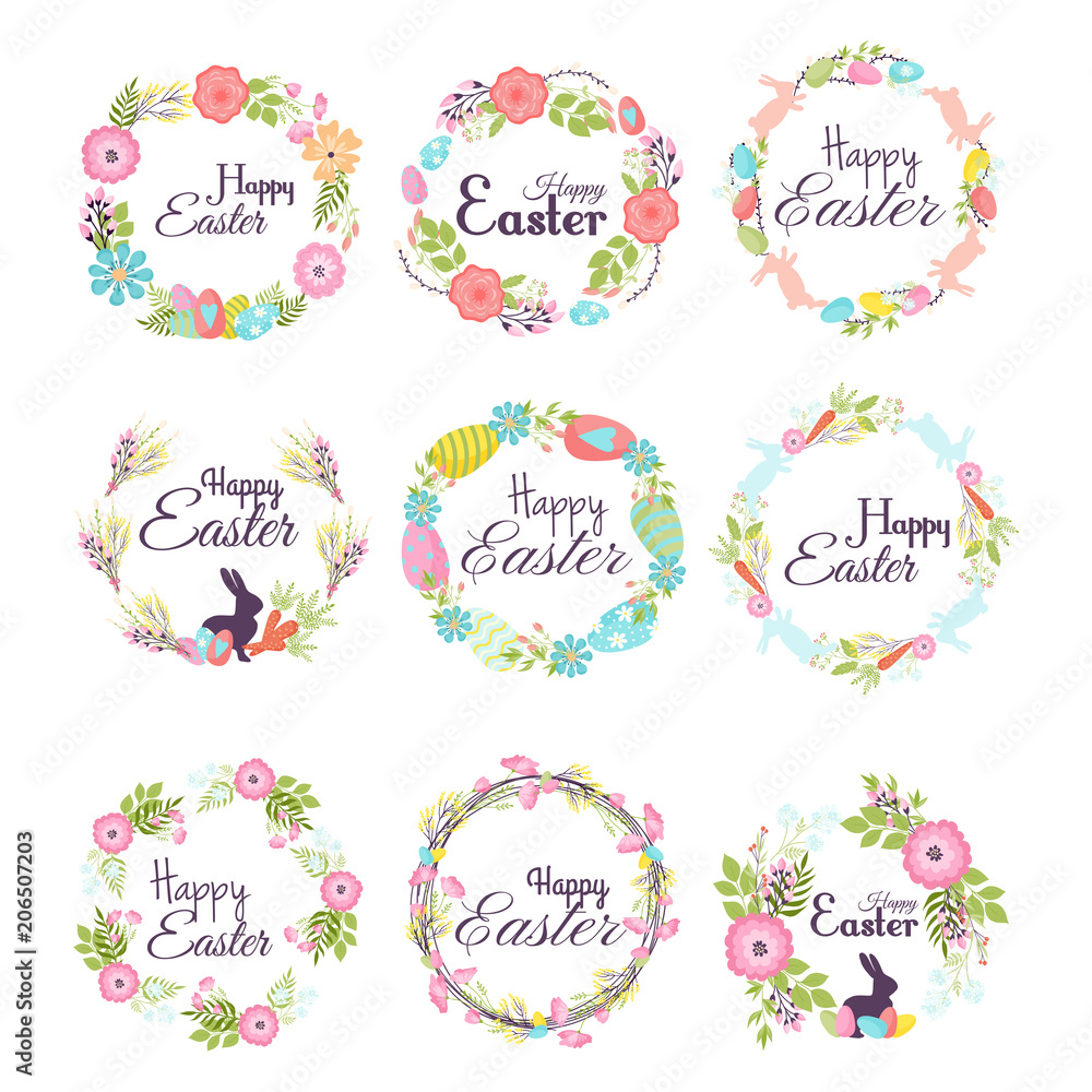 Obraz premium Happy easter hand drawn badge hand lettering greeting decoration natural wreath spring flower vector illustration