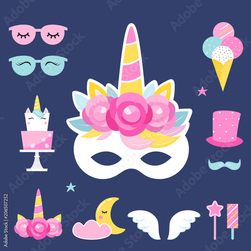 Unicorn Birthday or Slumber Party Photo Props and Decorations. Vector Design