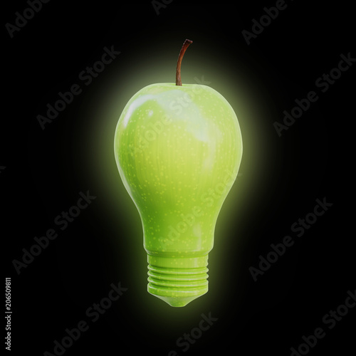 Apple shaped as a light bulb glowing on black background. Innovation, idea and creativity concept.