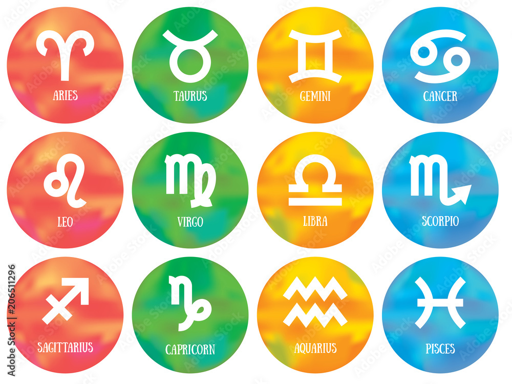 Zodiac signs: aquarius, libra, leo, taurus, cancer, pisces, virgo, capricorn, sagittarius, aries, gemini, scorpio. Astrological calendar collection, zodiacal color vector horoscope. Colorful elements Zodiac signs: aquarius, libra, leo, taurus, cancer, pisces, virgo, capricorn, sagittarius, aries, gemini, scorpio. Astrological calendar collection, zodiacal color vector horoscope. Colorful elements