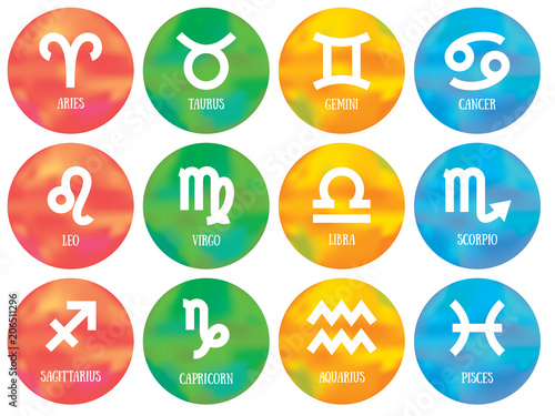 Zodiac signs: aquarius, libra, leo, taurus, cancer, pisces, virgo, capricorn, sagittarius, aries, gemini, scorpio. Astrological calendar collection, zodiacal color vector horoscope. Colorful elements