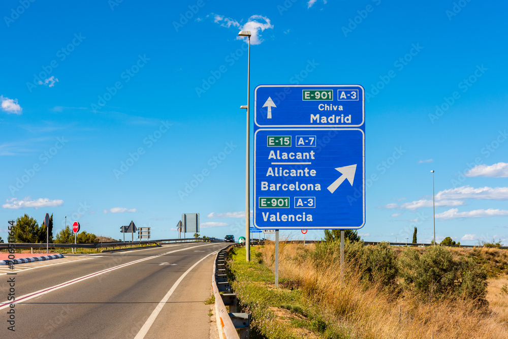Directional Signs to Madrid, Barcelona and Valencia, the 3 biggest cities in Spain