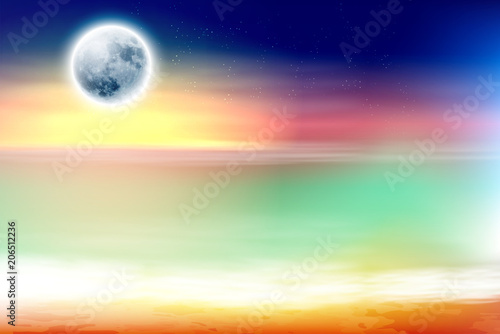 Colorful beach with full moon at night. EPS10 vector.