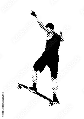 Back view of skater on skateboard in halftone dotted abstract style. Man skating silhouette isolated on white background. Black and white vector illustration