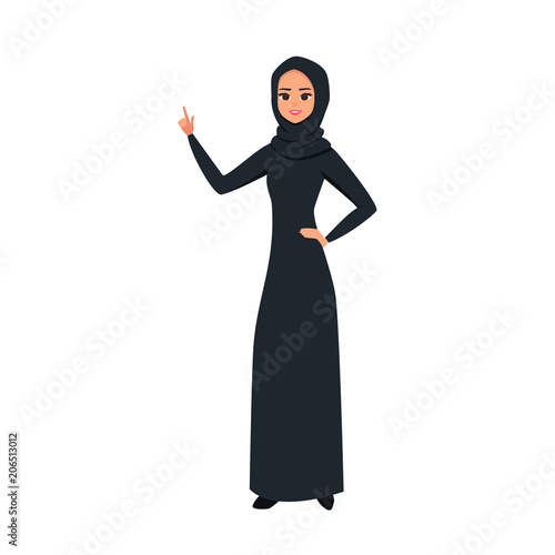 Cartoon Arab woman character with black hijab. Smiling girl in hijab presenting something with one hand. Young Moslem businesswoman wearing scarf pointing to the left. Vector illustration 