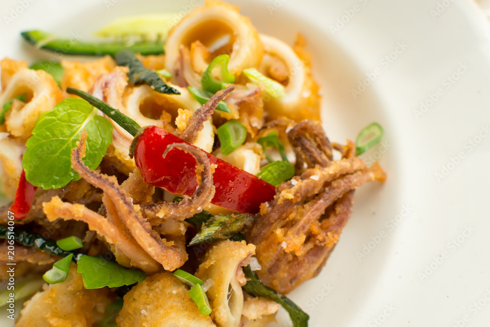 Fresh Fried Squids, Chili Pepper and Mint Leaves on White Plate Fresh Fried Squids, Chili Pepper and Mint Leaves on White Plate
