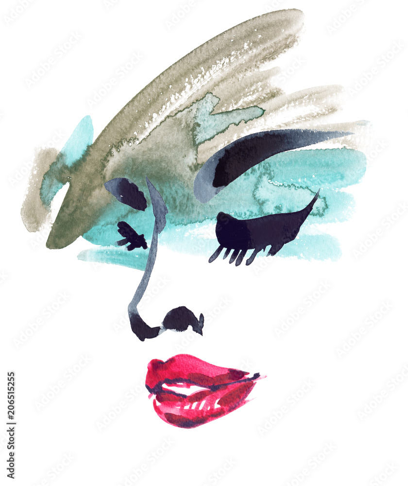 Fototapeta premium Abstract portrait of a woman with bright make up and open pink lips painted in watercolor on clean white background