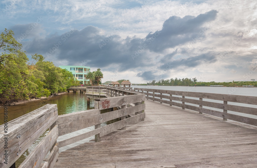 Pier on the river. The atmosphere of tranquility on the shore of the lake. National Park, Florida, United States