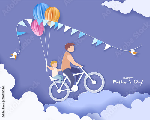Handsome man and his son bicycling with air balloons. Happy fathers day card. Paper cut style. Vector illustration