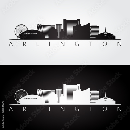 Arlington, Texas -  USA skyline and landmarks silhouette, black and white design, vector illustration. photo