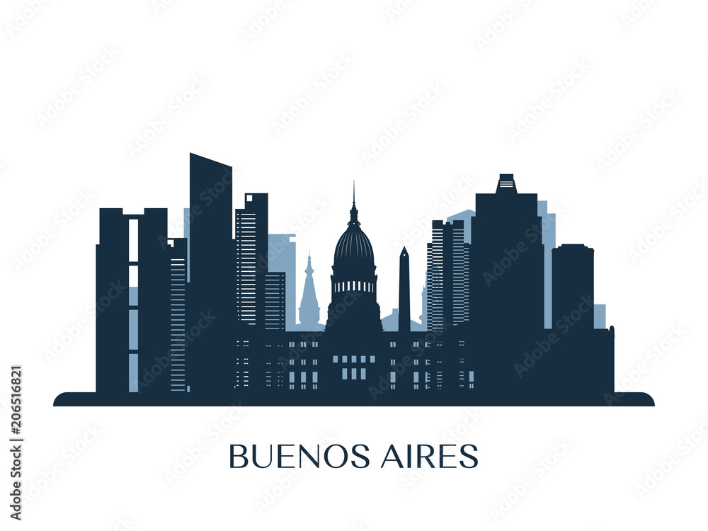Buenos Aires skyline, monochrome silhouette. Vector illustration.