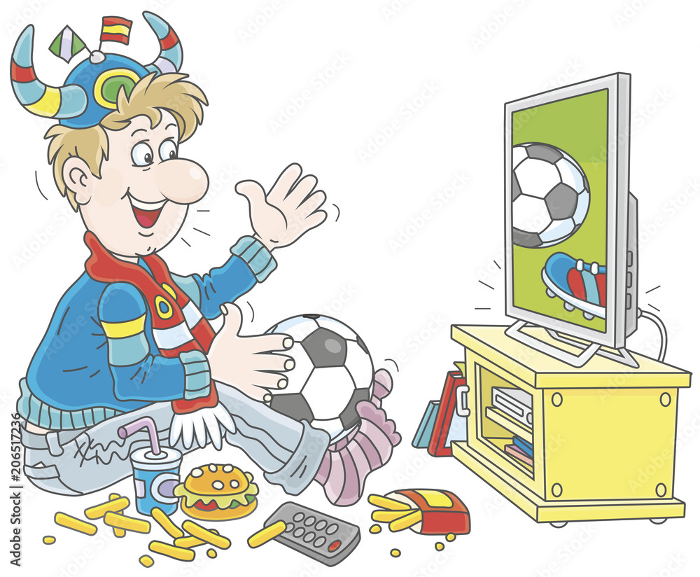 Soccer fan watching a football match on television, vector illustration in  a cartoon style Stock Vector | Adobe Stock