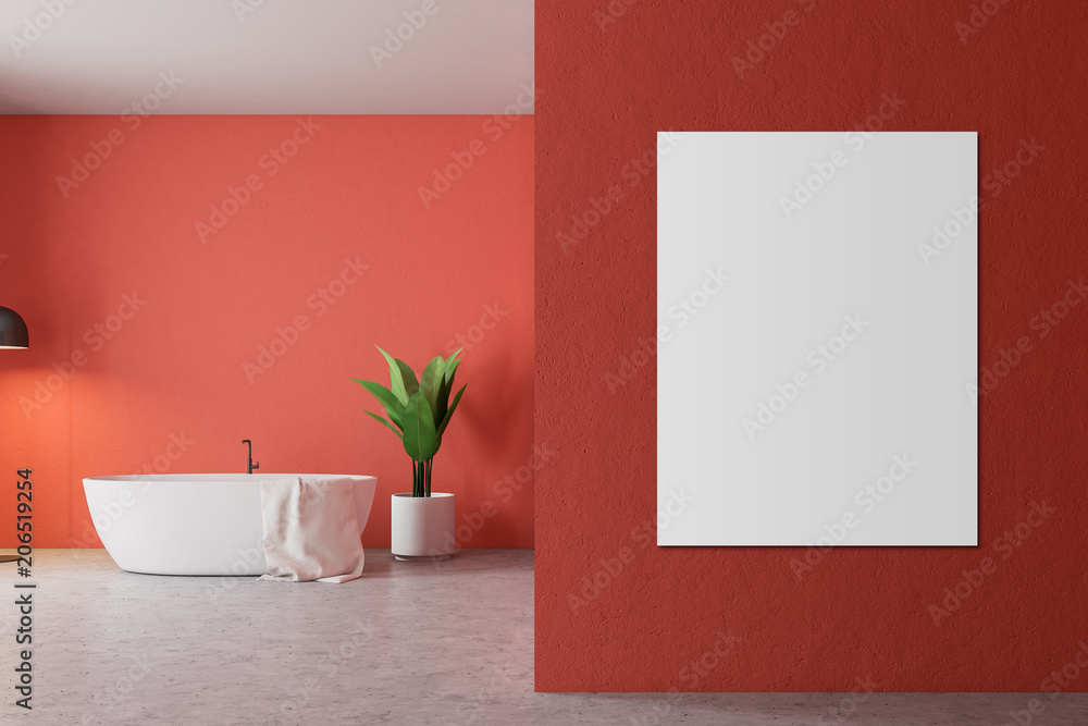 Minimalistic red bathroom, white tub and poster Minimalistic red bathroom, white tub and poster