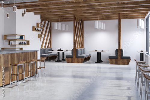Interior of a white and wooden coffee shop