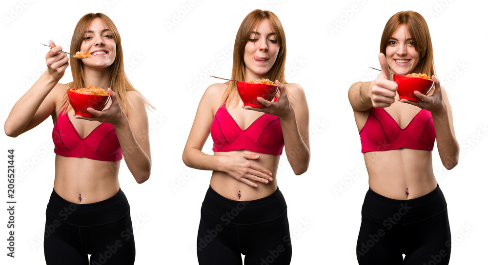 Set of Young sport woman eating cereals from a bowl Set of Young sport woman eating cereals from a bowl