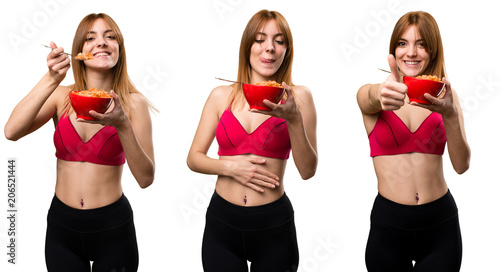 Set of Young sport woman eating cereals from a bowl © luismolinero