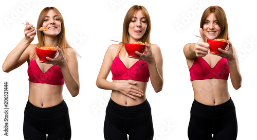 Set of Young sport woman eating cereals from a bowl