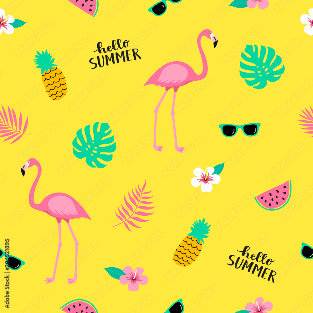 Summer seamless cute colorful pattern with flamingo, pineapple, tropical leaves, watermelon, flowers, sunglasses on yellow background. Vector illustration Summer seamless cute colorful pattern with flamingo, pineapple, tropical leaves, watermelon, flowers, sunglasses on yellow background. Vector illustration