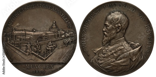 Germany German medal All-German Sports Exhibitionin 1899, cityscape, palace, trees, road, bust of Prince Regent Luitpold left, photo