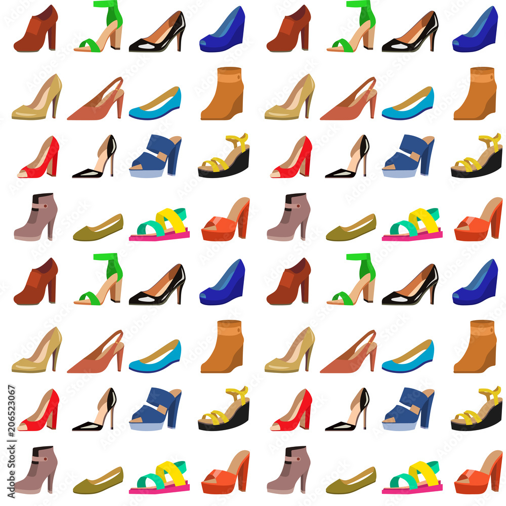 Womens shoes flat design vector seamless pattern background leather colored moccasins sandals illustration. Womens shoes flat design vector seamless pattern background leather colored moccasins sandals illustration.