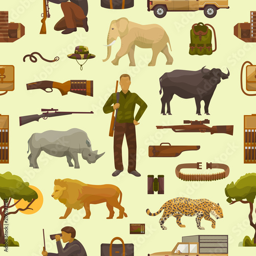 Hunt safari vector hunterman character in Africa with hunting ammunition or hunters equipment rifle shooting and african animals lion elephant wildlife set illustration seamless pattern background