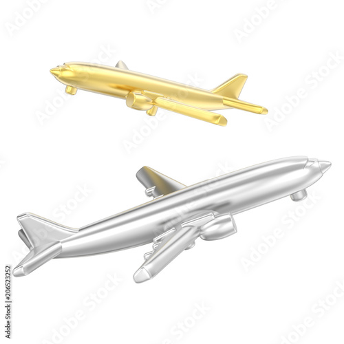3D illustration isolated two silver and gold airplanes