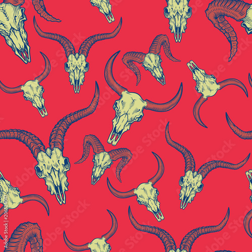 Seamless pattern with animal stock skulls illustrations in engraving technique.